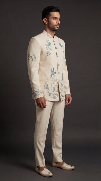 Men’s Ivory Embroidered Bandhgala Suit | Dresswala NX