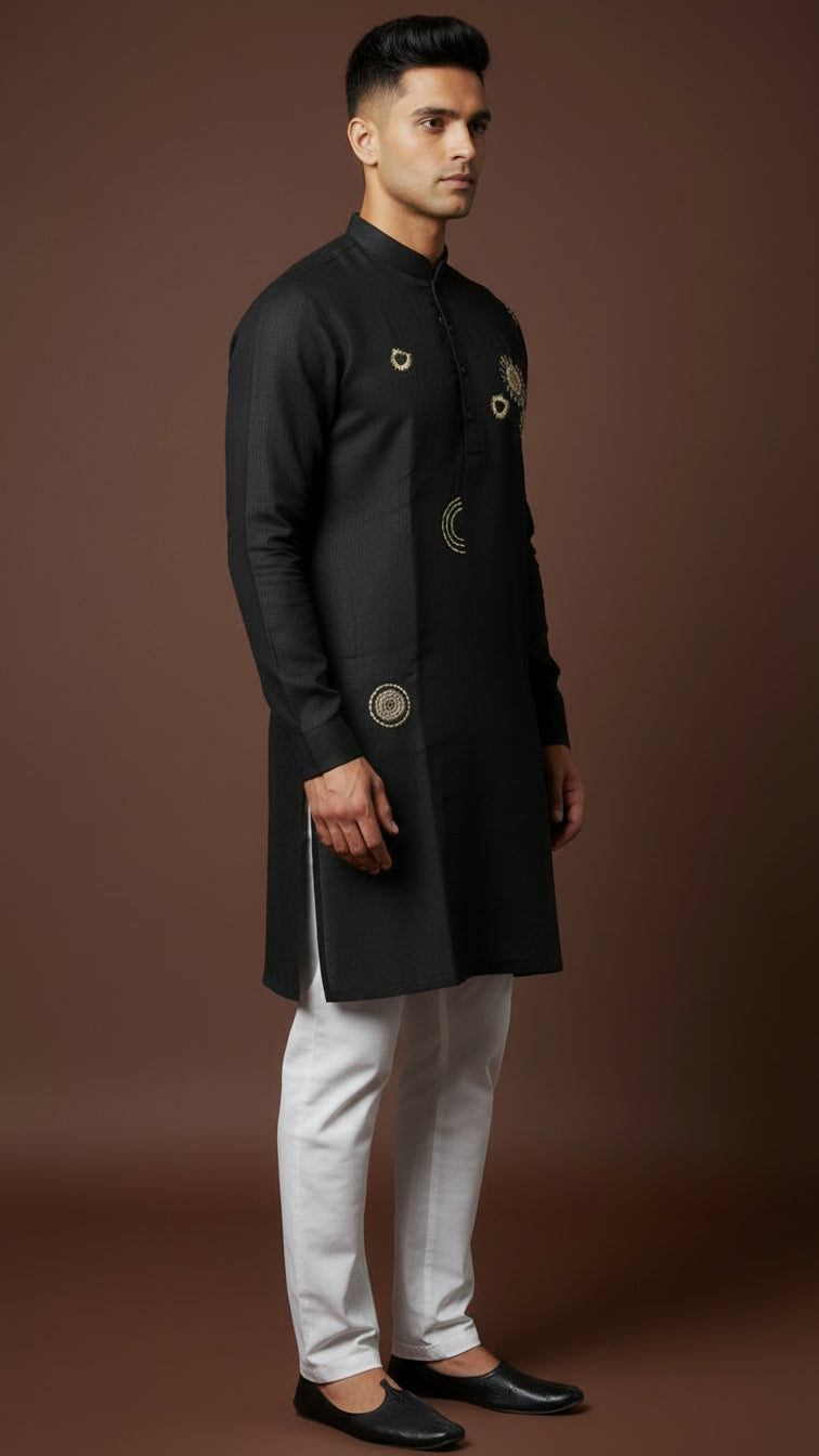 Men’s Black Linen Kurta with Abstract Gold Embroidery | Contemporary Ethnic Wear – Dresswala NX