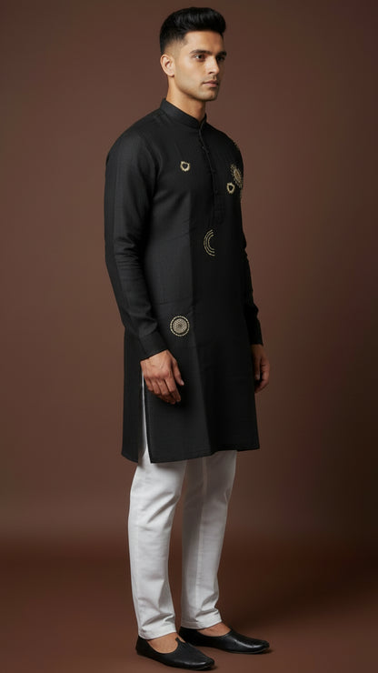 Men’s Black Linen Kurta with Abstract Gold Embroidery | Contemporary Ethnic Wear – Dresswala NX