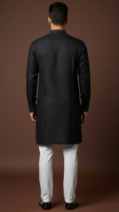Men’s Black Linen Kurta with Abstract Gold Embroidery | Contemporary Ethnic Wear – Dresswala NX