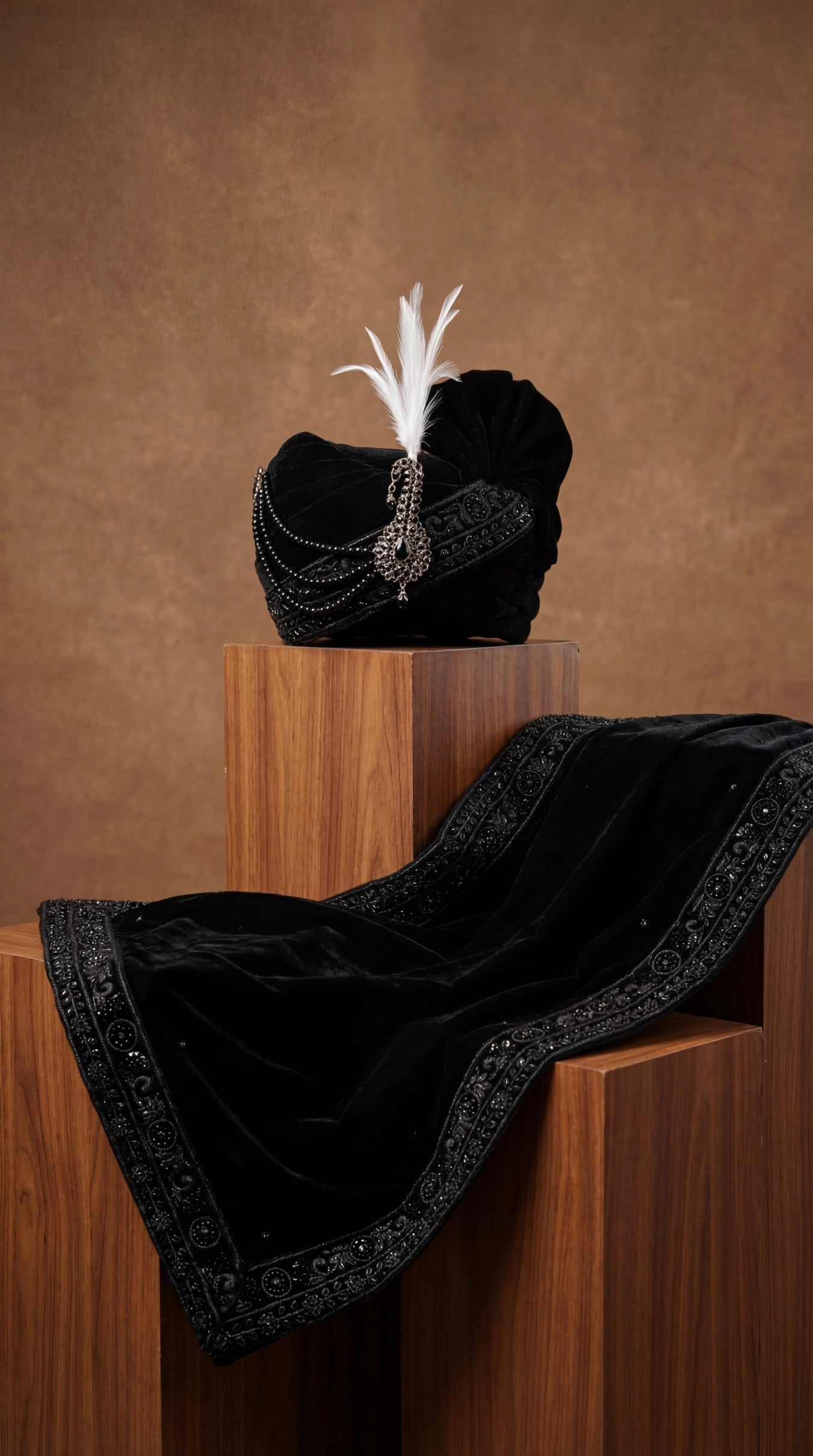 Black Velvet Groom Safa with Intricate Beadwork & Feather Brooch