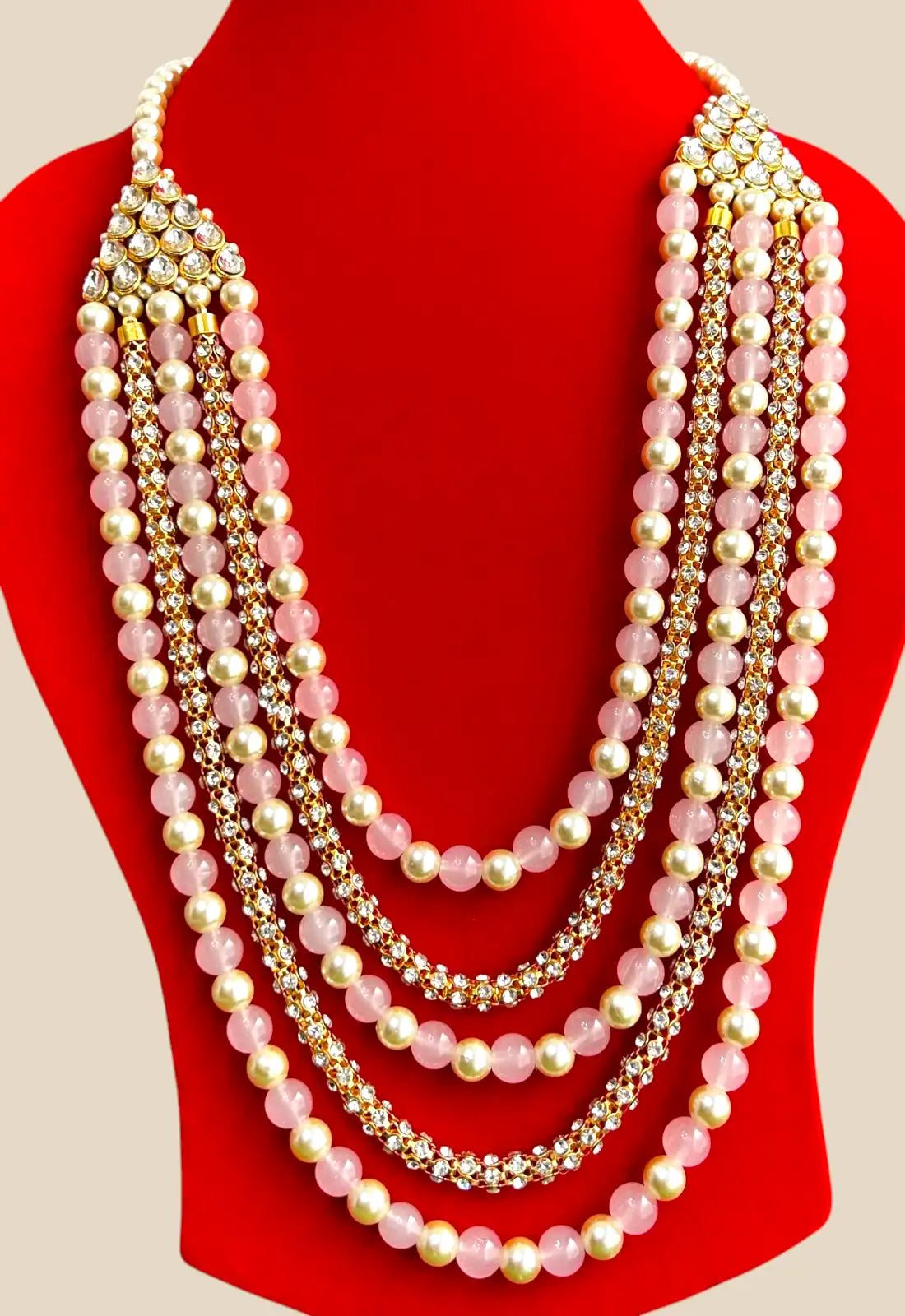 Blush Pink Bead & Pearl Multilayer Necklace with Stone Chains