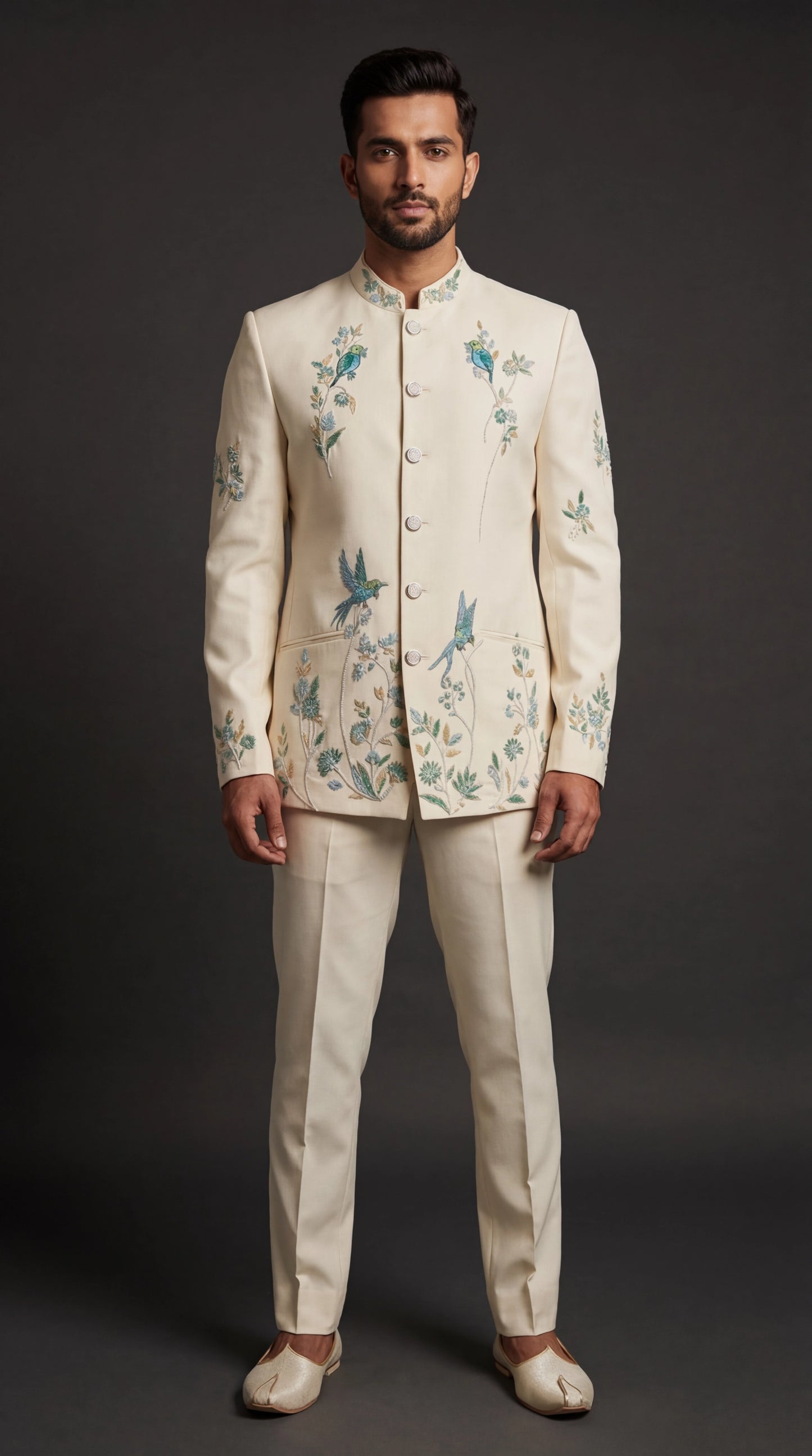 Men’s Ivory Embroidered Bandhgala Suit | Dresswala NX