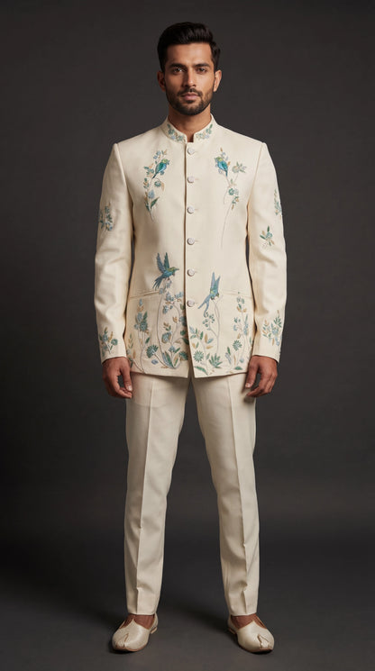 Men’s Ivory Embroidered Bandhgala Suit | Dresswala NX