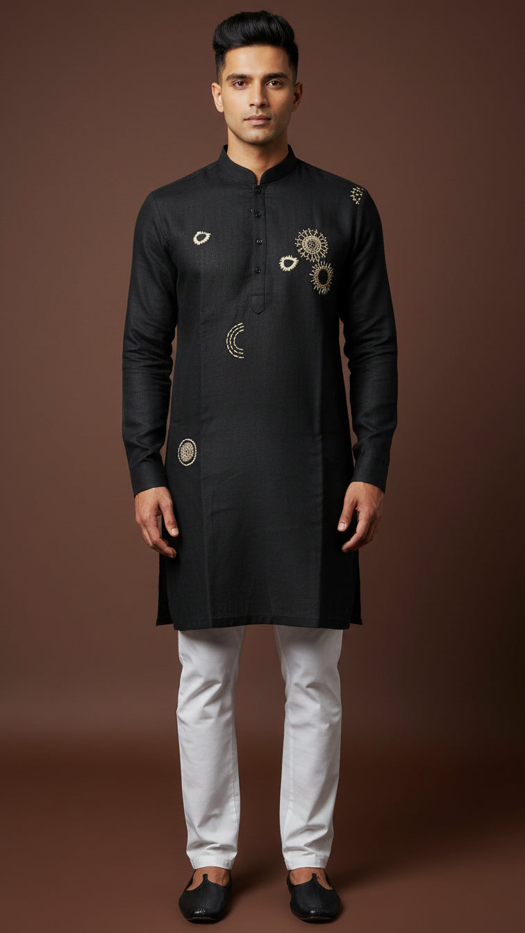 Men’s Black Linen Kurta with Abstract Gold Embroidery | Contemporary Ethnic Wear – Dresswala NX