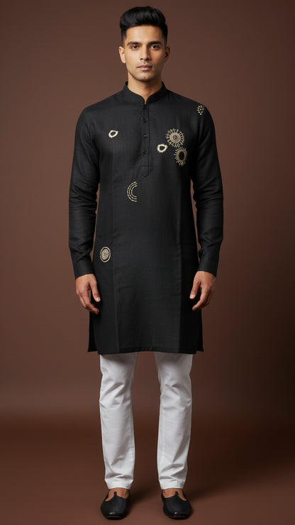 Men’s Black Linen Kurta with Abstract Gold Embroidery | Contemporary Ethnic Wear – Dresswala NX
