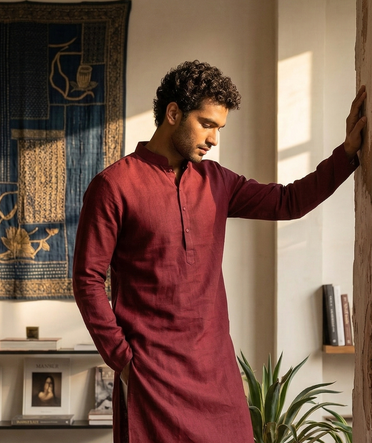 Maroon Linen Kurta