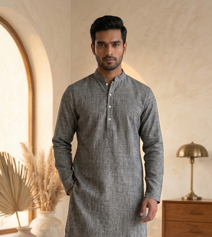Dark Grey Textured Linen Kurta
