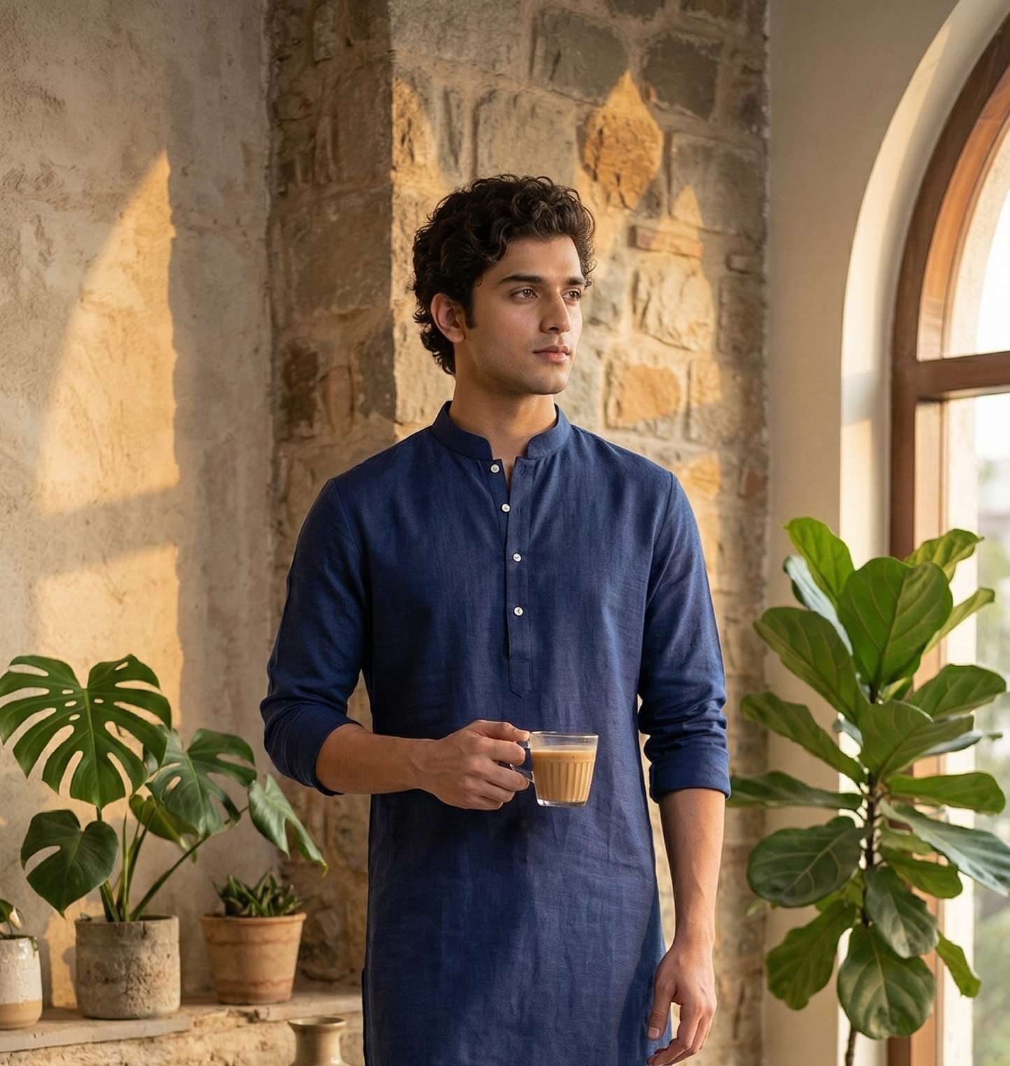 Navy Blue Linen Kurta