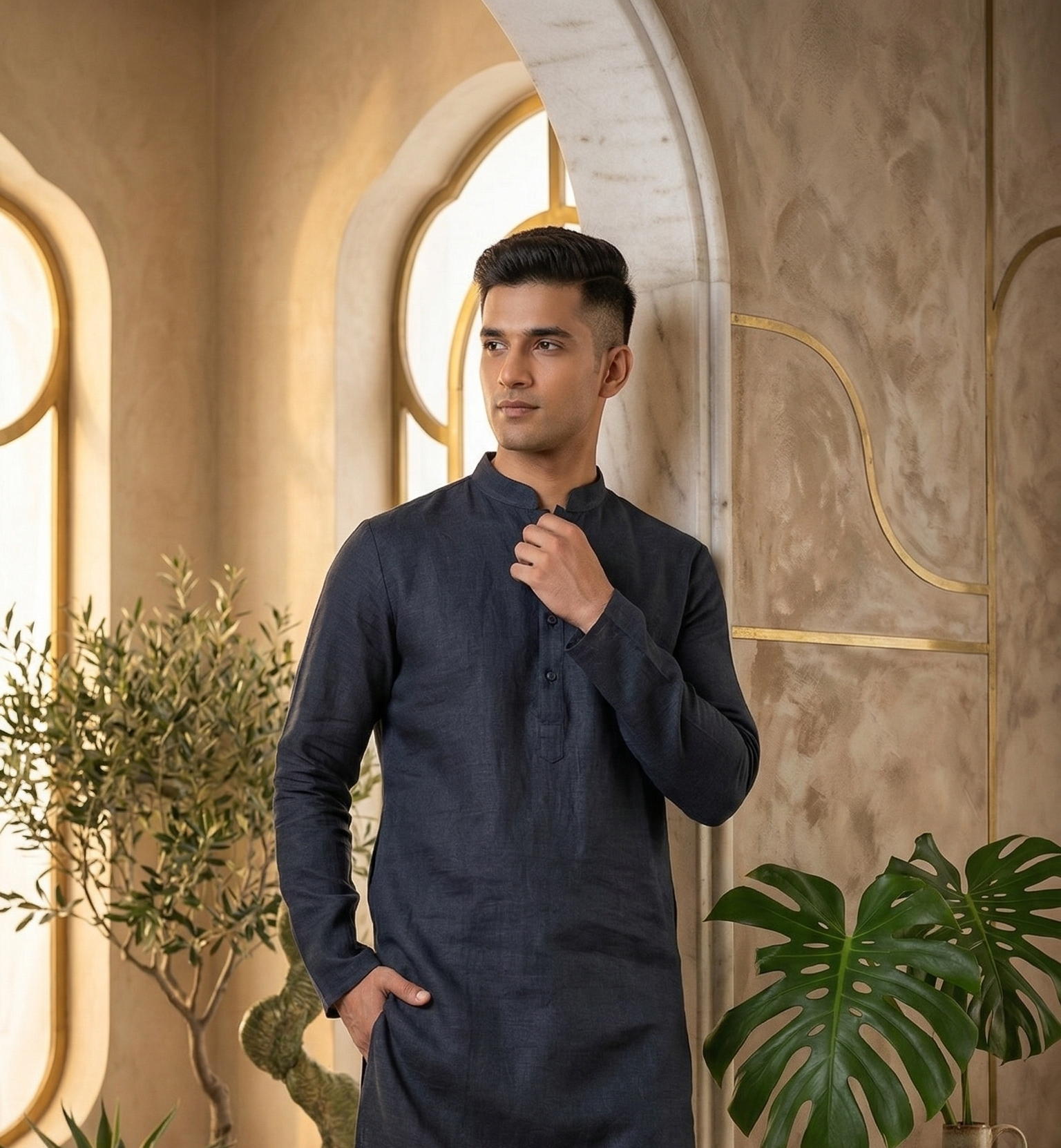 Charcoal Grey Linen Kurta