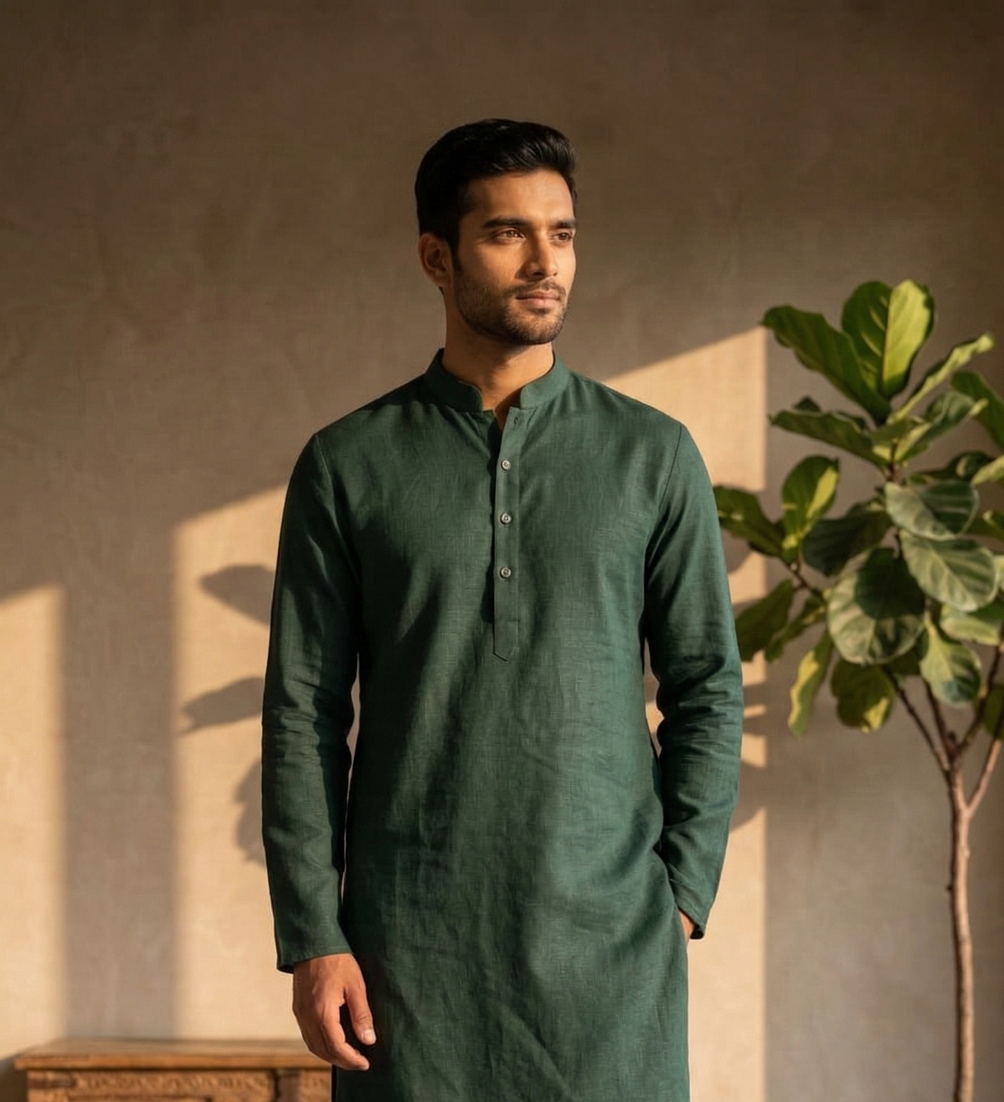 Dark Green Linen Kurta