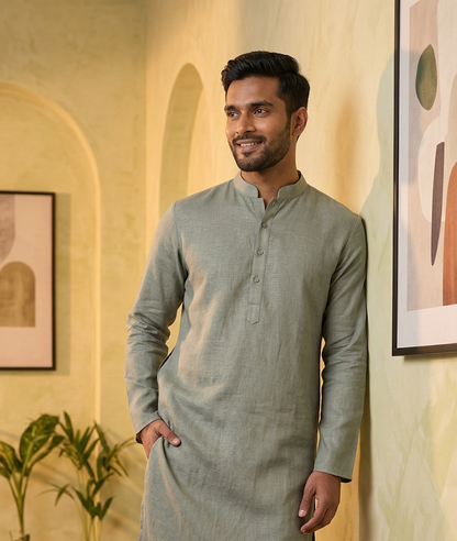 Men’s Sage Green Linen Kurta | Contemporary Ethnic Wear – Dresswala NX