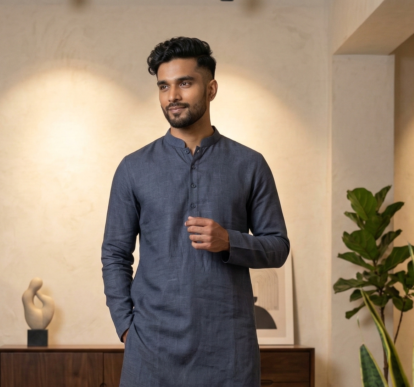 Men’s Gunmetal Blue Linen Kurta | Contemporary Ethnic Wear – Dresswala NX