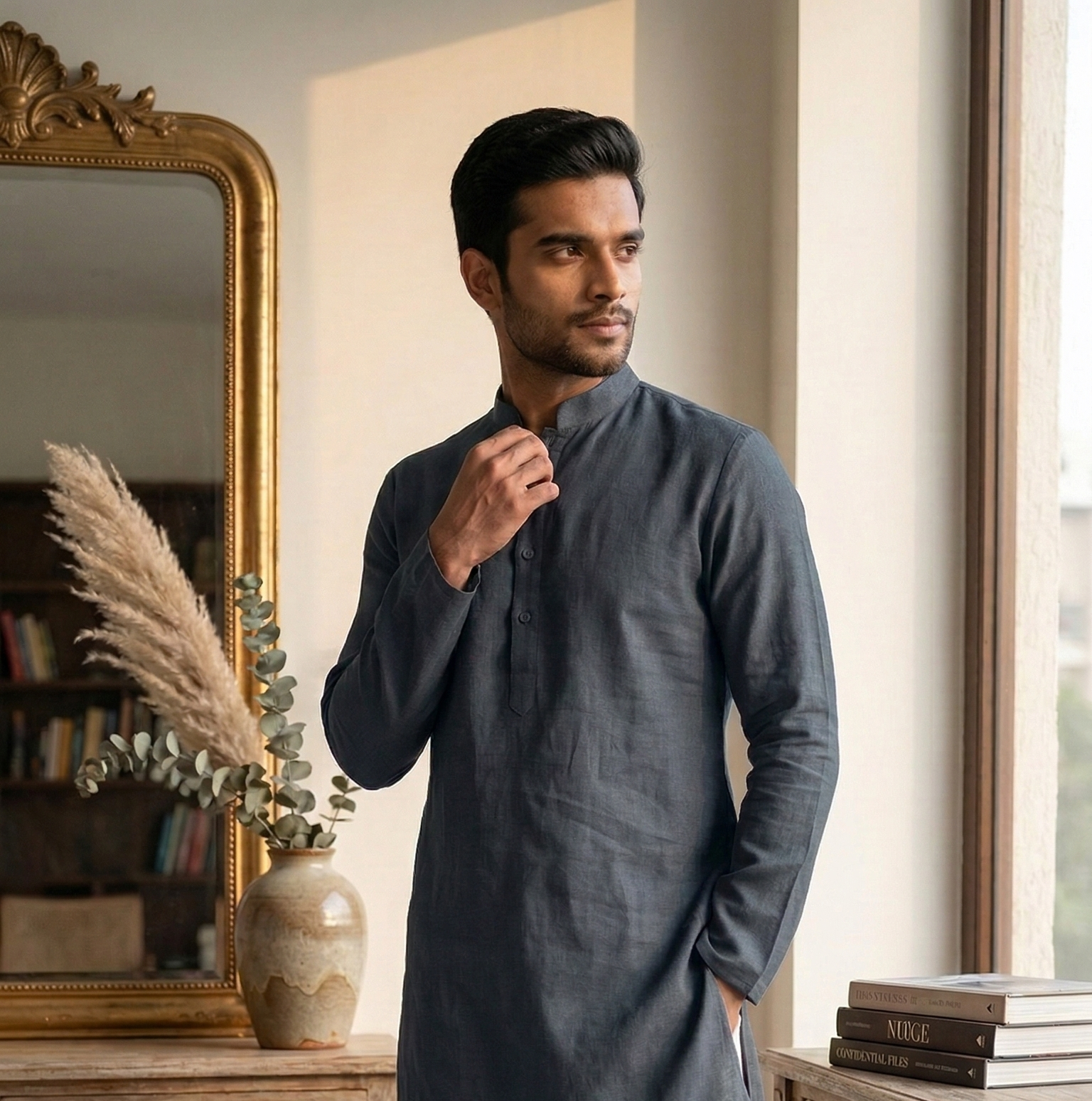 Men’s Steel Grey Linen Kurta | Contemporary Ethnic Wear – Dresswala NX