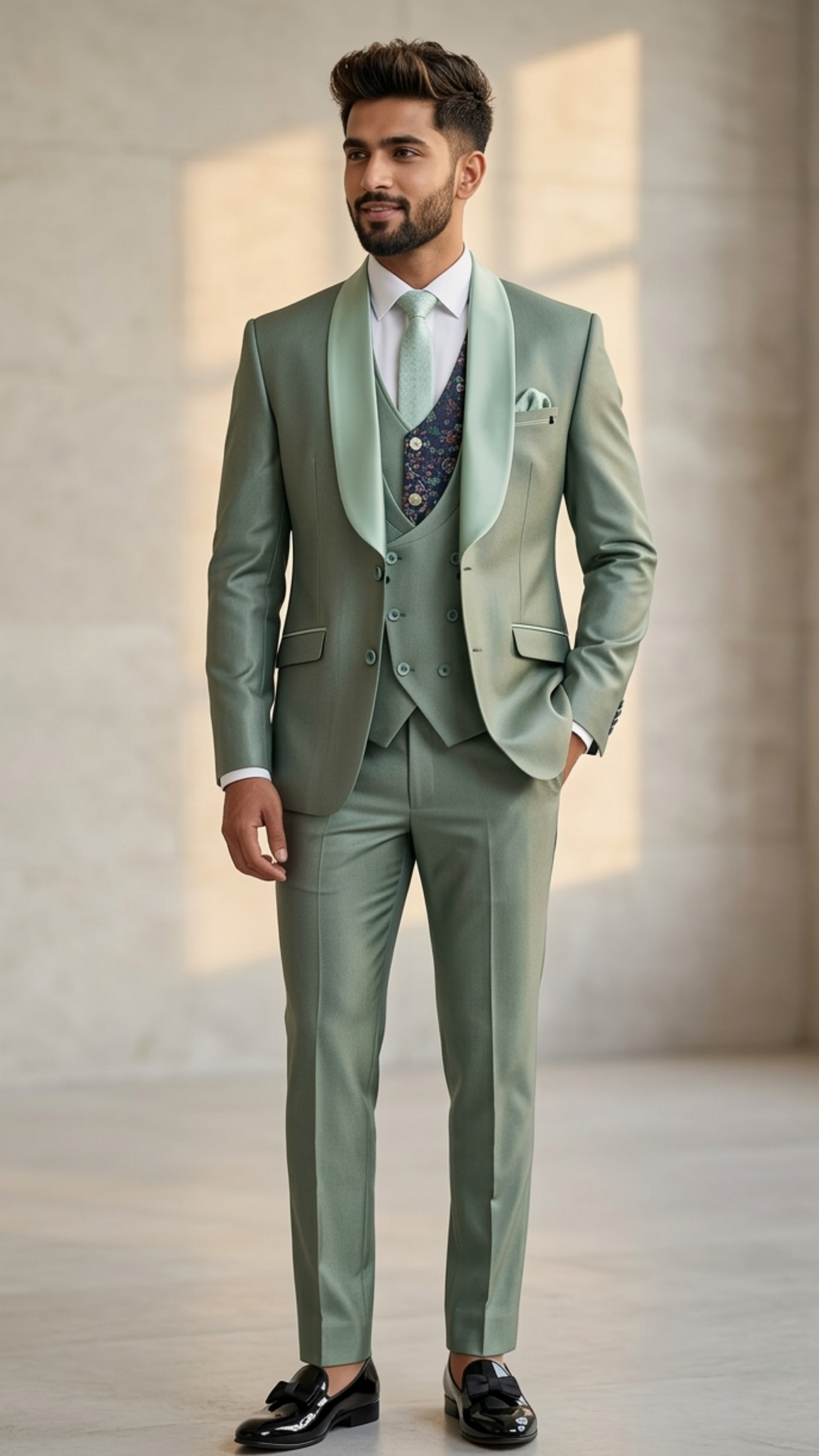 Sage Green Five-piece Tuxedo with Shawl Lapel and Floral Inner Waistcoat