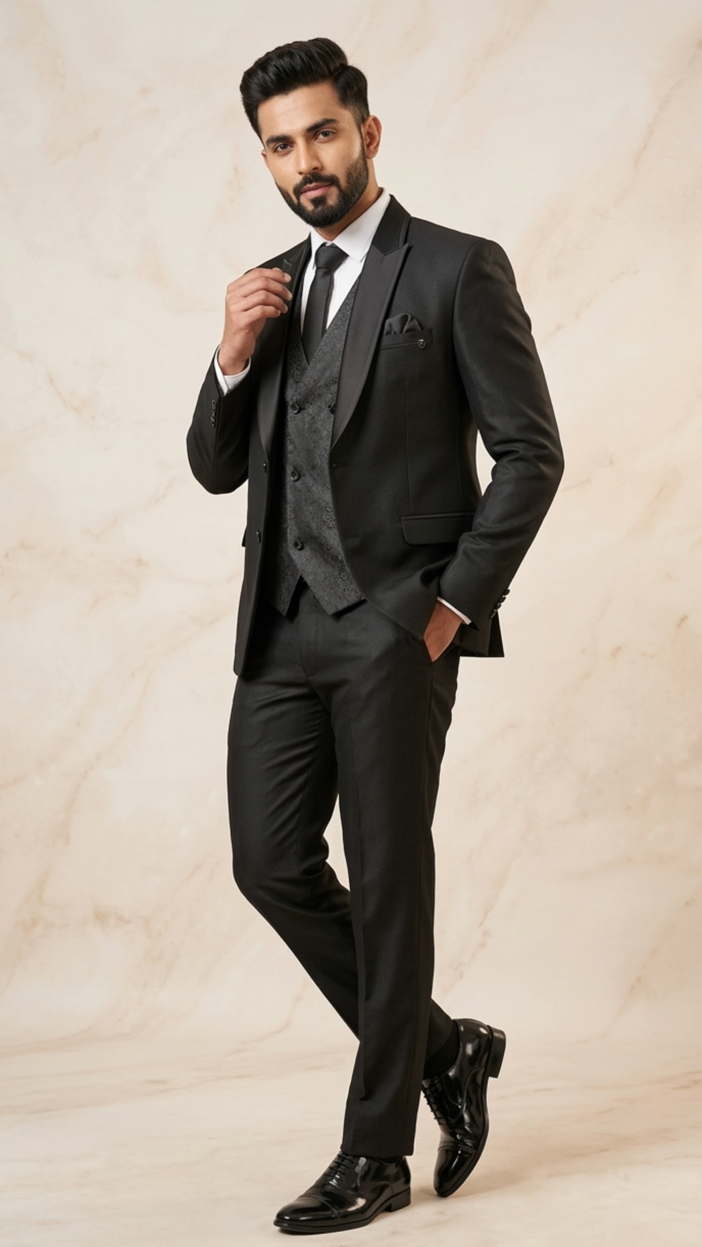 Charcoal Grey Five-piece Tuxedo with Textured Waistcoat