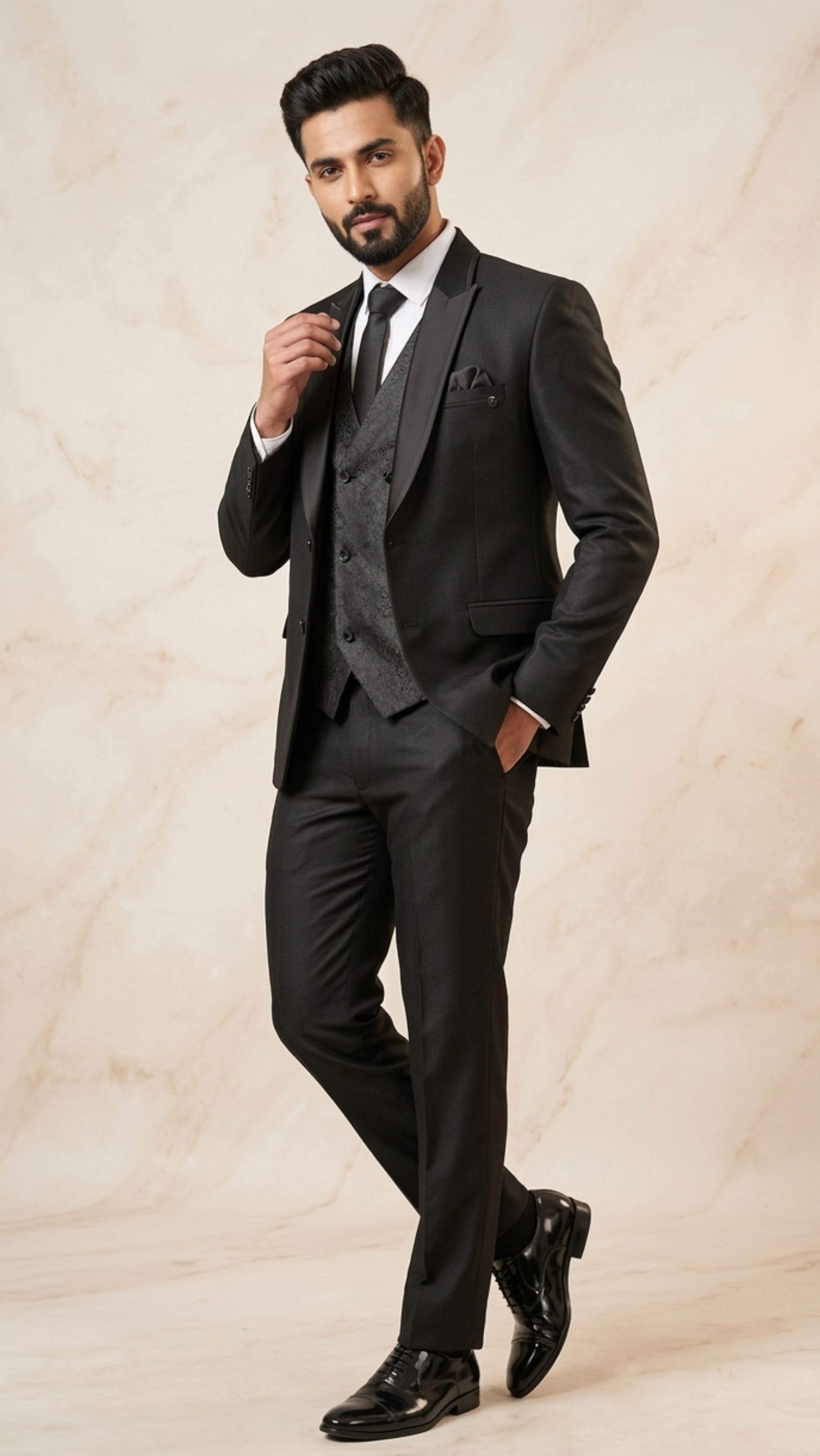 Charcoal Grey Five-piece Tuxedo with Textured Waistcoat