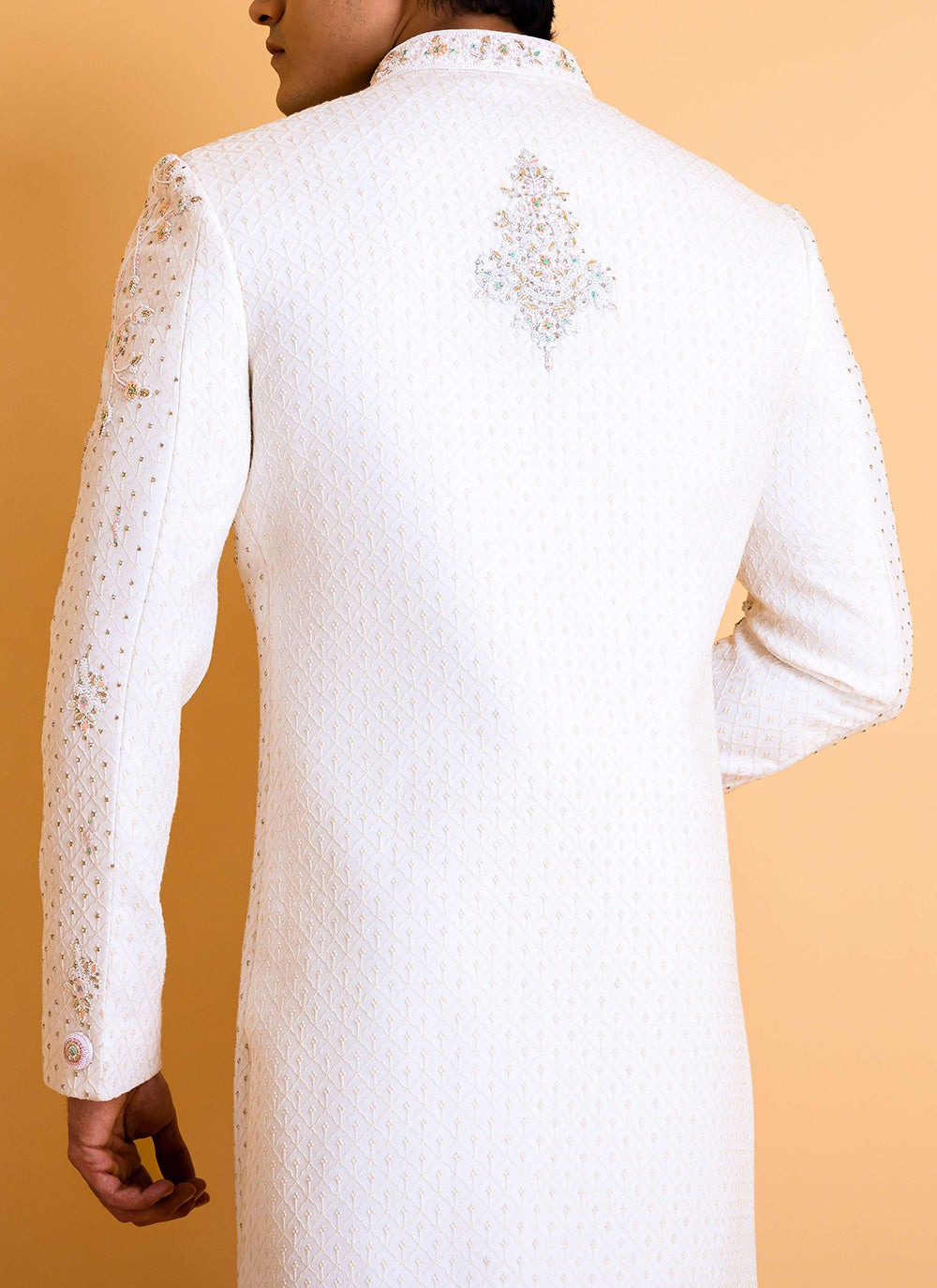 Pearl White Sherwani set in Lucknowi embroidery