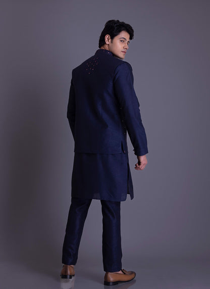 Navy Blue Jacket Set with Thread work and Mirror work