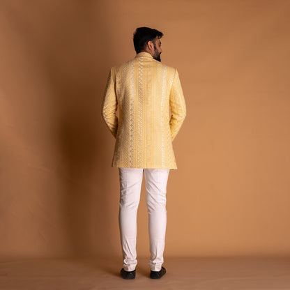 White Indo-western Kurta set with Yellow Jacket