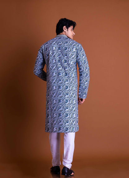 Wavey Blue & White Artistic Print Kurta Set