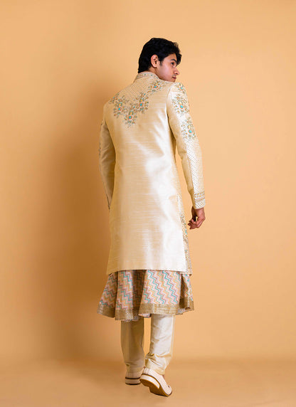 Golden Sherwani with Printed Anarkali Kurta