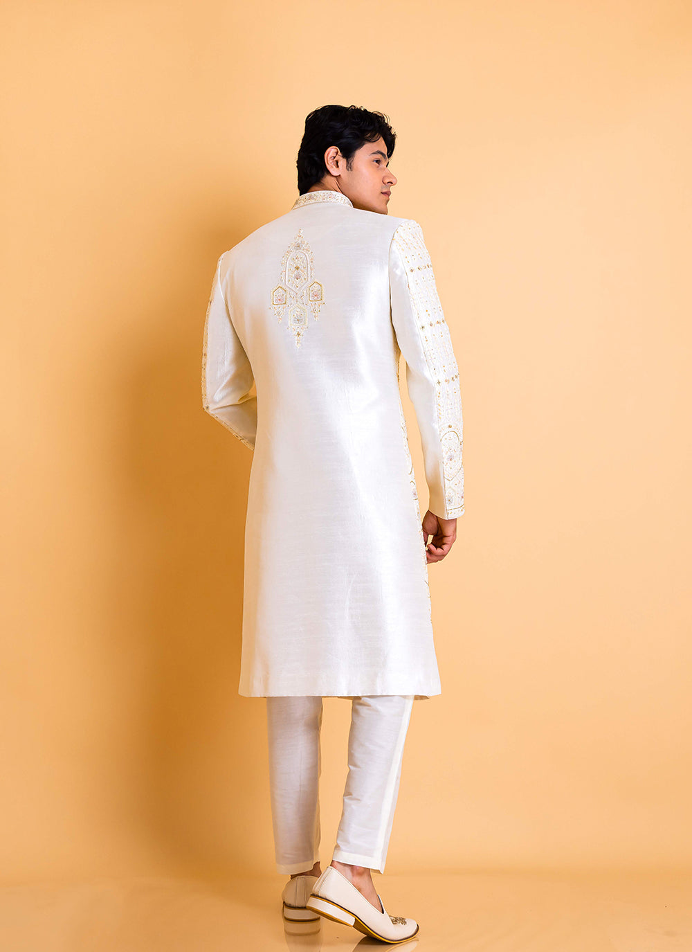 Lucknowi sherwani with floral threadwork