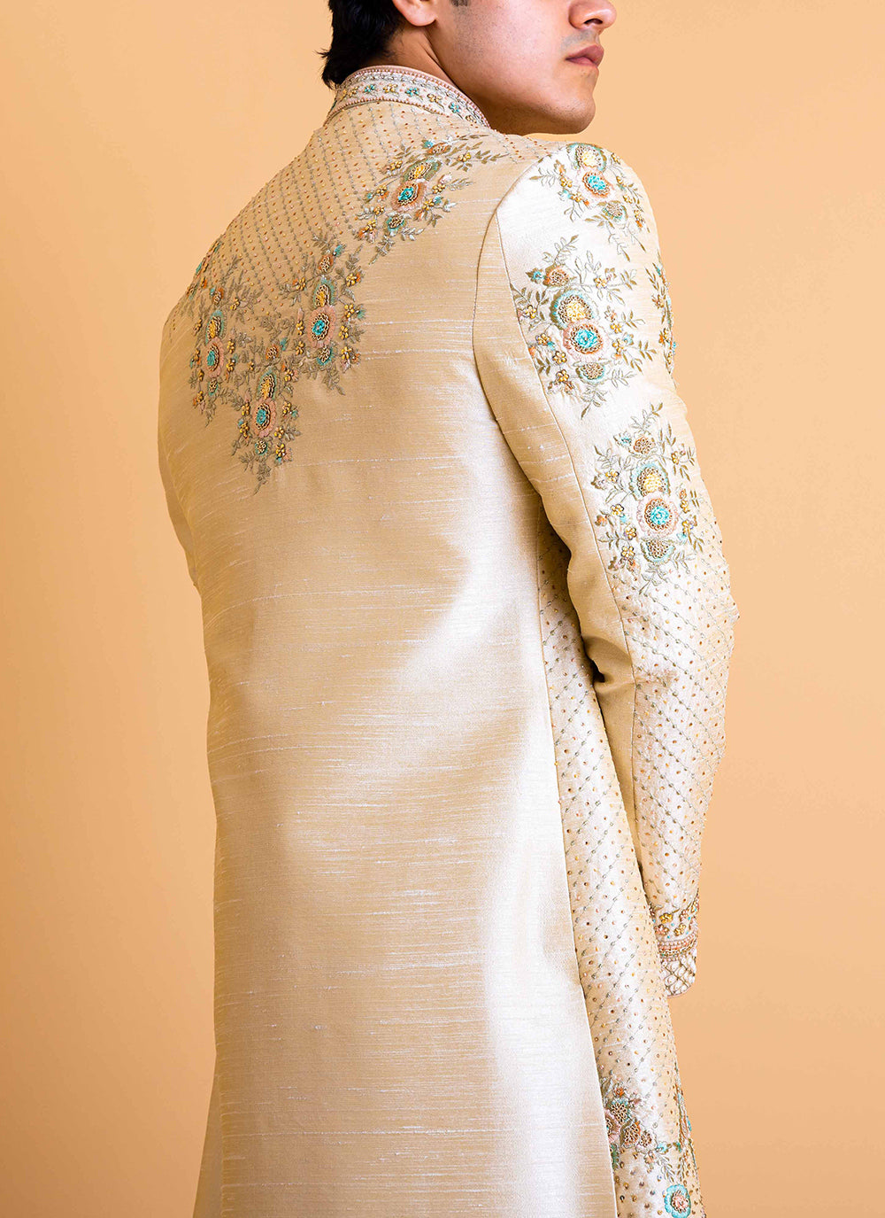 Golden Sherwani with Printed Anarkali Kurta