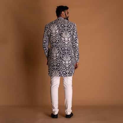 White Indo-western Kurta Set with blue Jacket