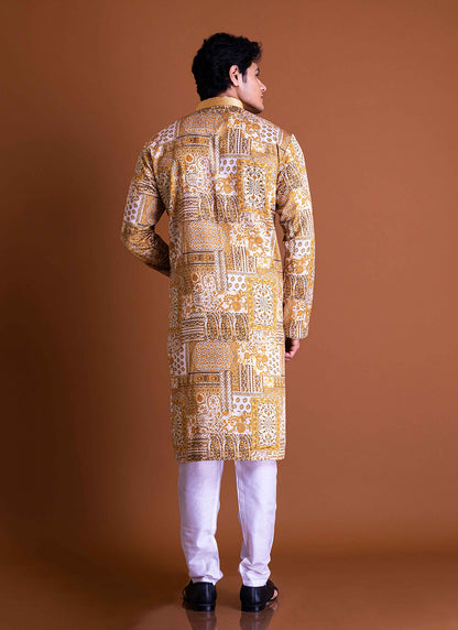 Yellow abstract print Kurta Set