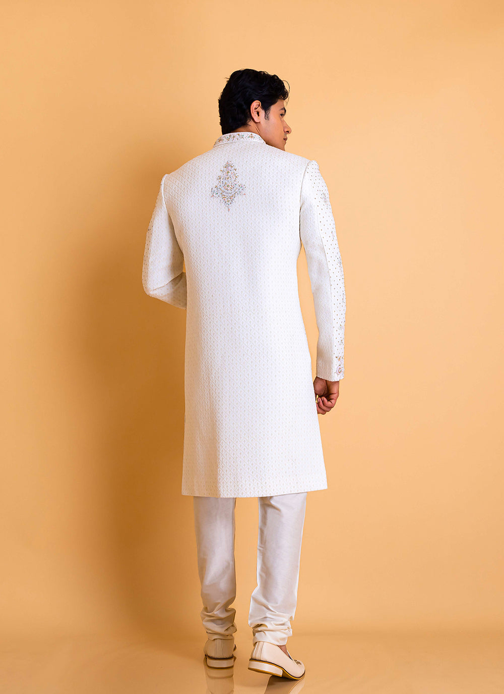 Pearl White Sherwani set in Lucknowi embroidery