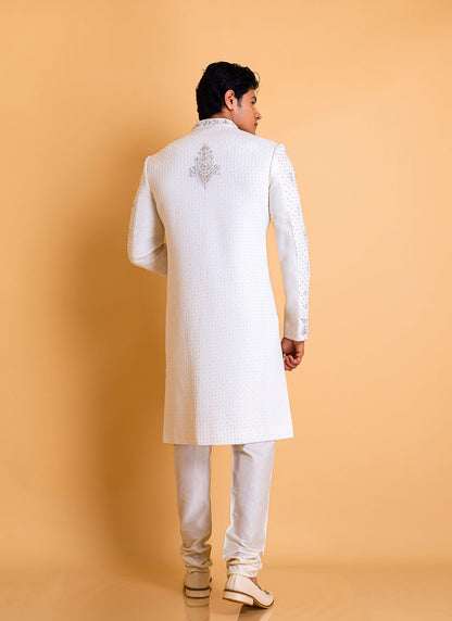 Pearl White Sherwani set in Lucknowi embroidery