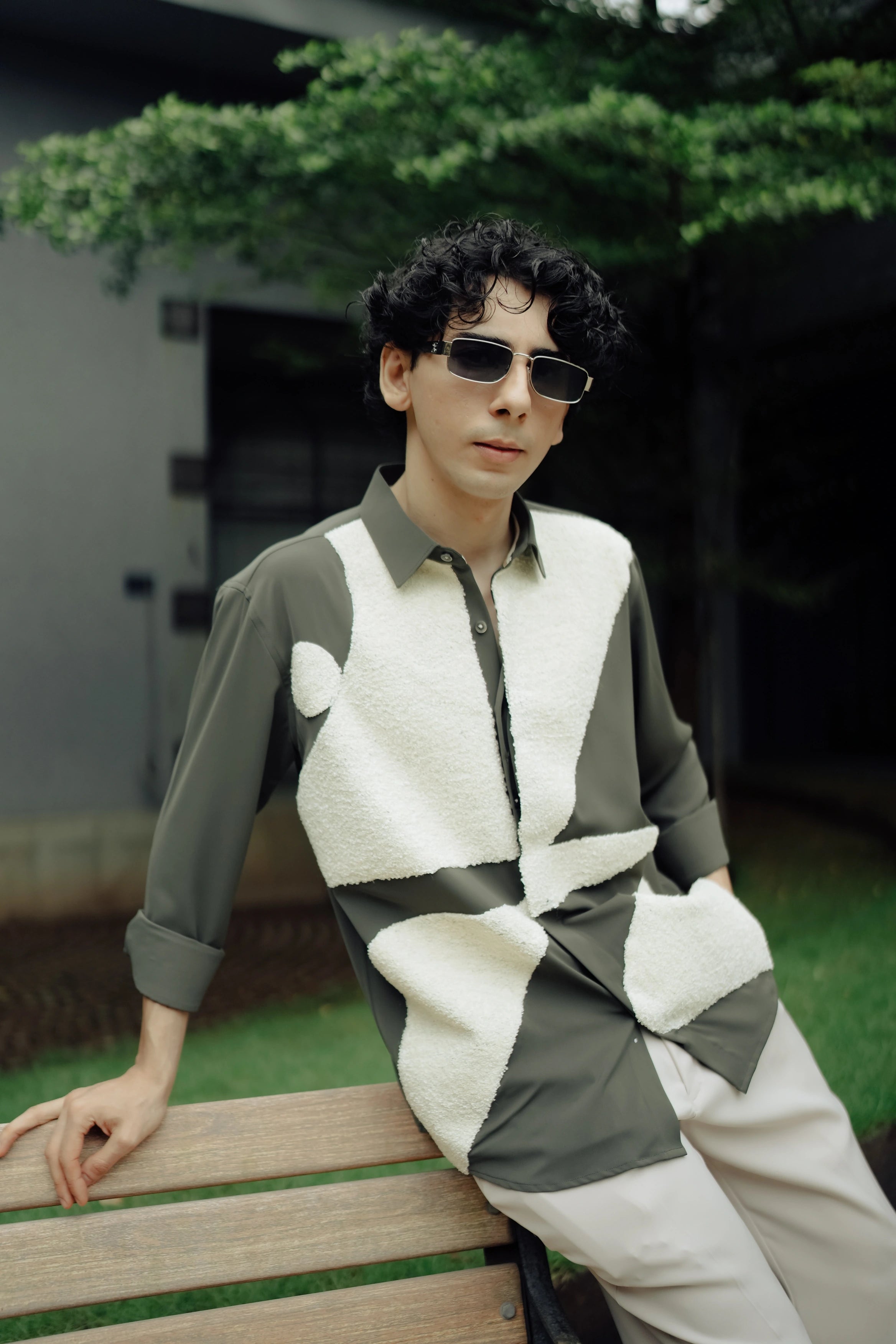 Mens Olive Green Textured Abstract Shirt