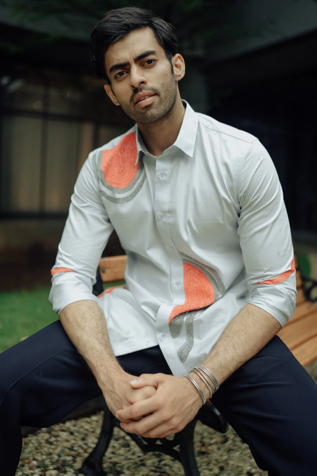 White Designer Shirt with Embroidered Abstract Art