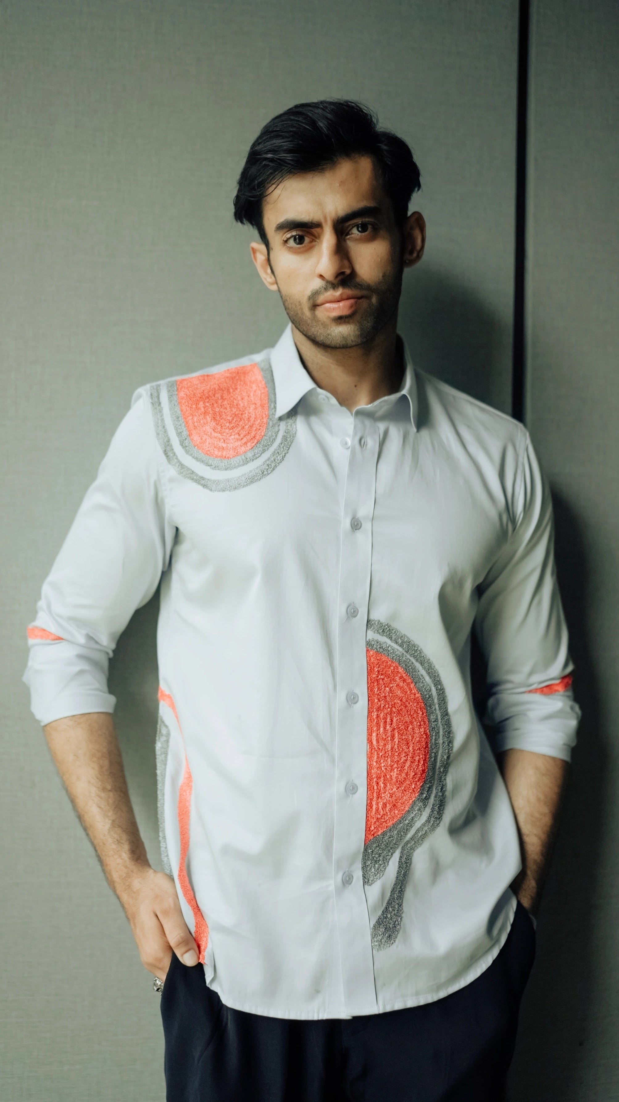 White Designer Shirt with Embroidered Abstract Art