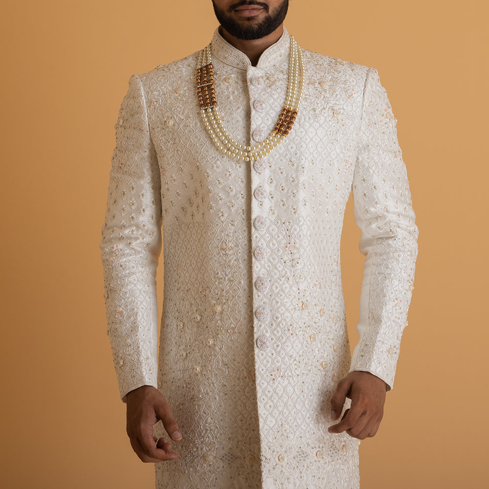 White Sherwani with Intricate Embroidery