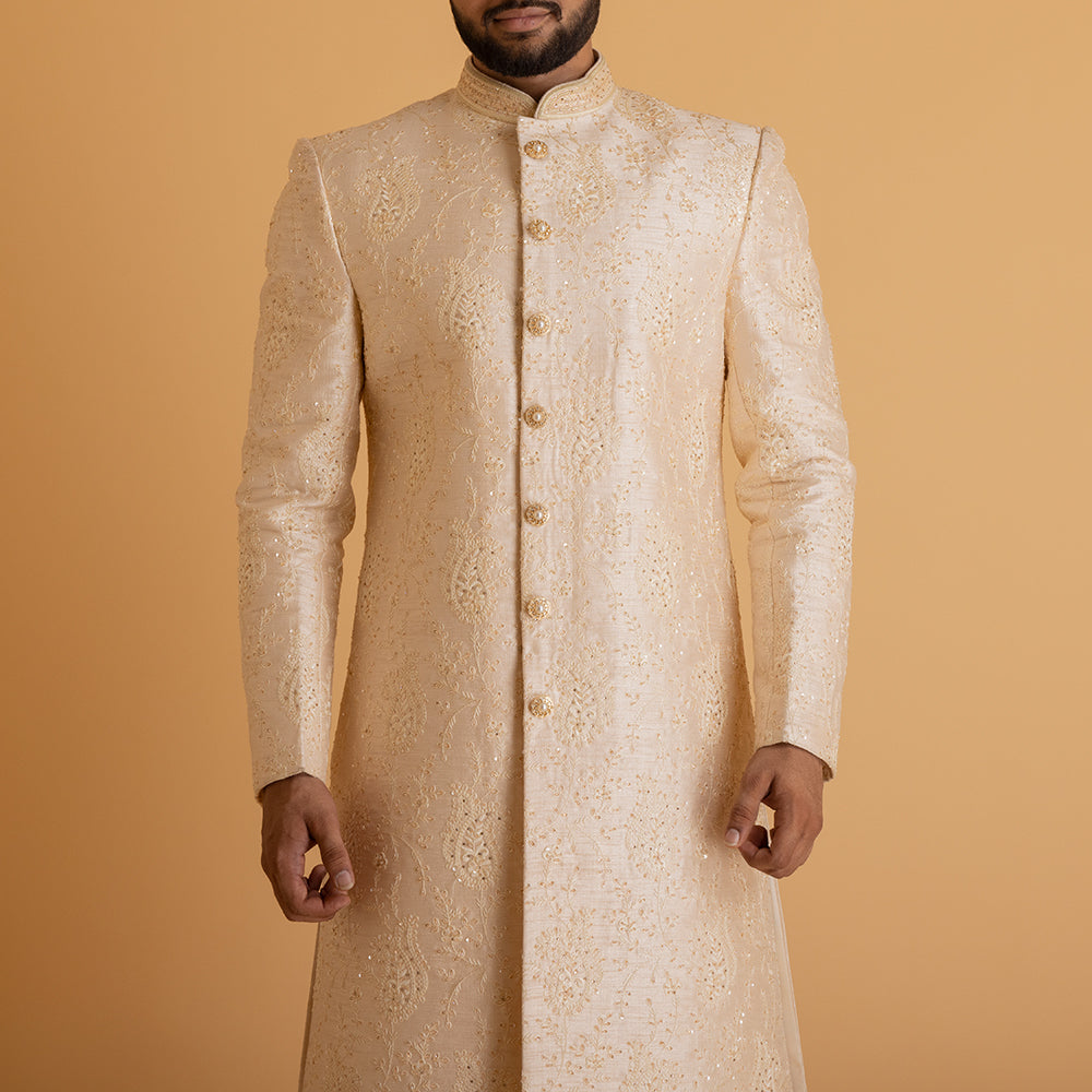 Cream Sherwani with Zari Work