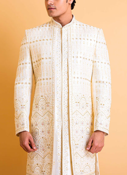 Lucknowi sherwani with floral threadwork