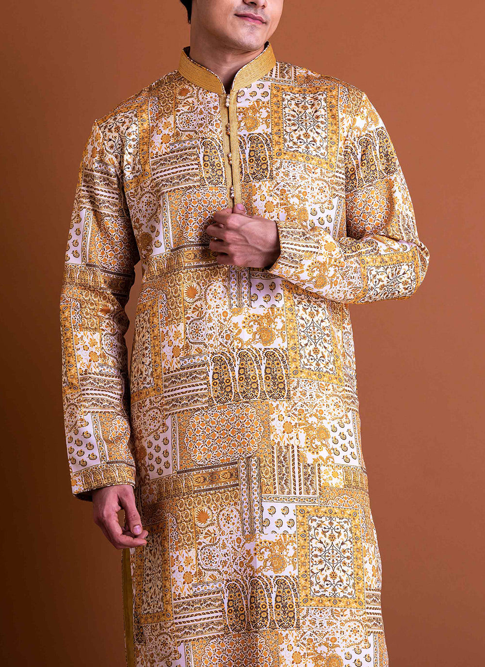 Yellow abstract print Kurta Set