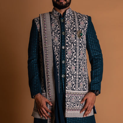 Navy and White Indo-western Kurta Set