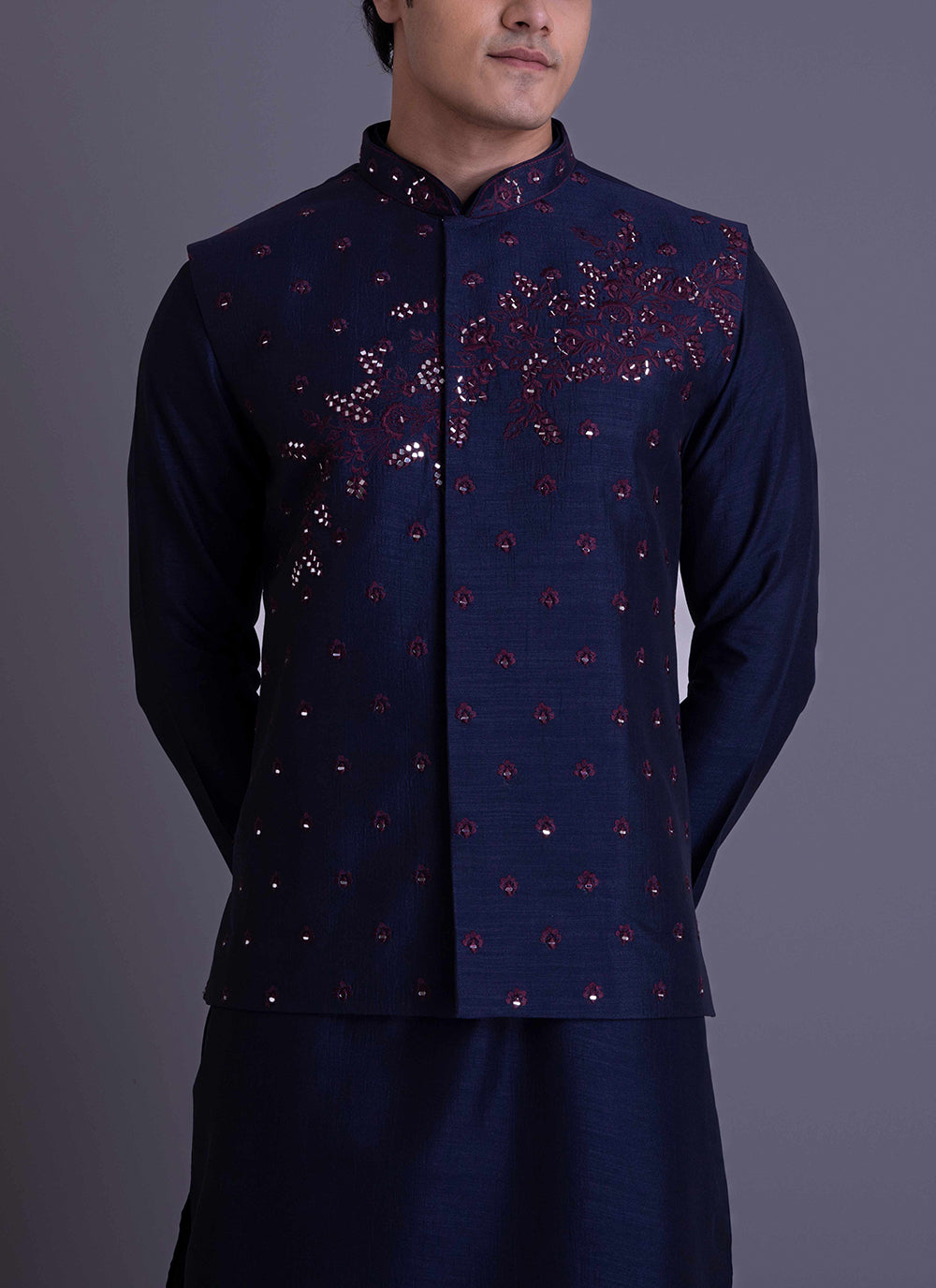 Navy Blue Jacket Set with Thread work and Mirror work