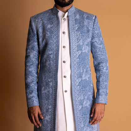 White and Blue Indo-western Kurta set