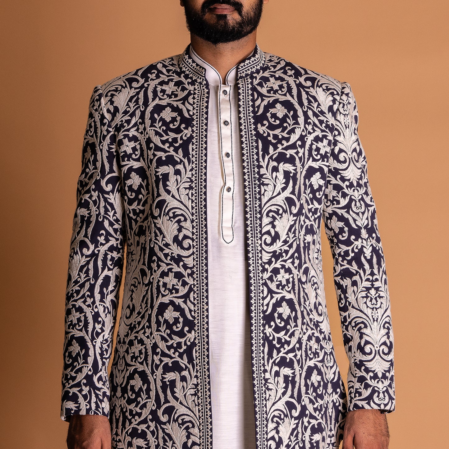 White Indo-western Kurta Set with blue Jacket