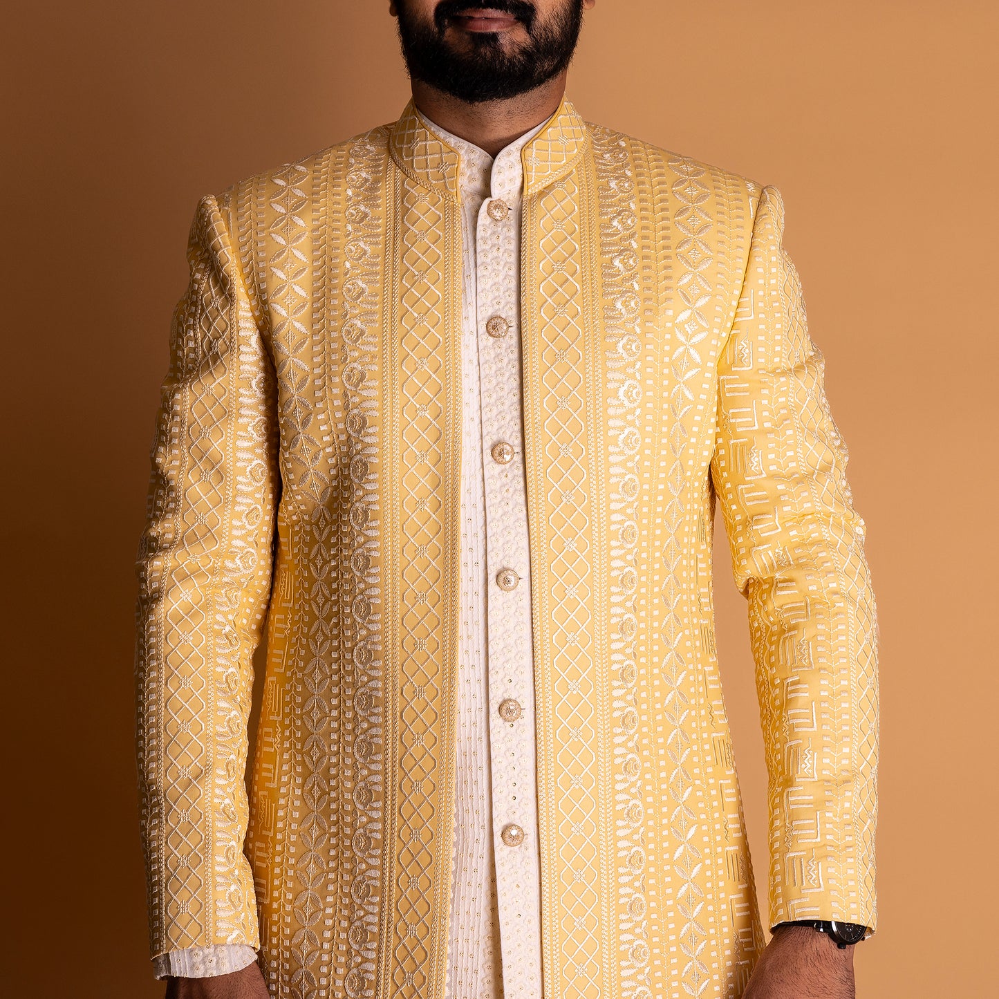 White Indo-western Kurta set with Yellow Jacket