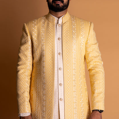 White Indo-western Kurta set with Yellow Jacket