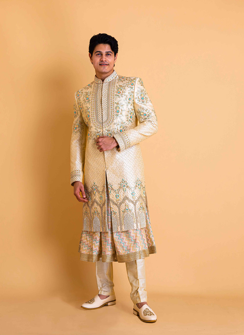 Golden Sherwani with Printed Anarkali Kurta