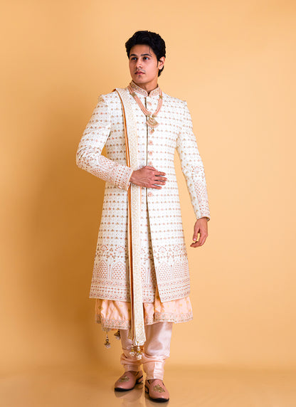 White and Peach Sherwani