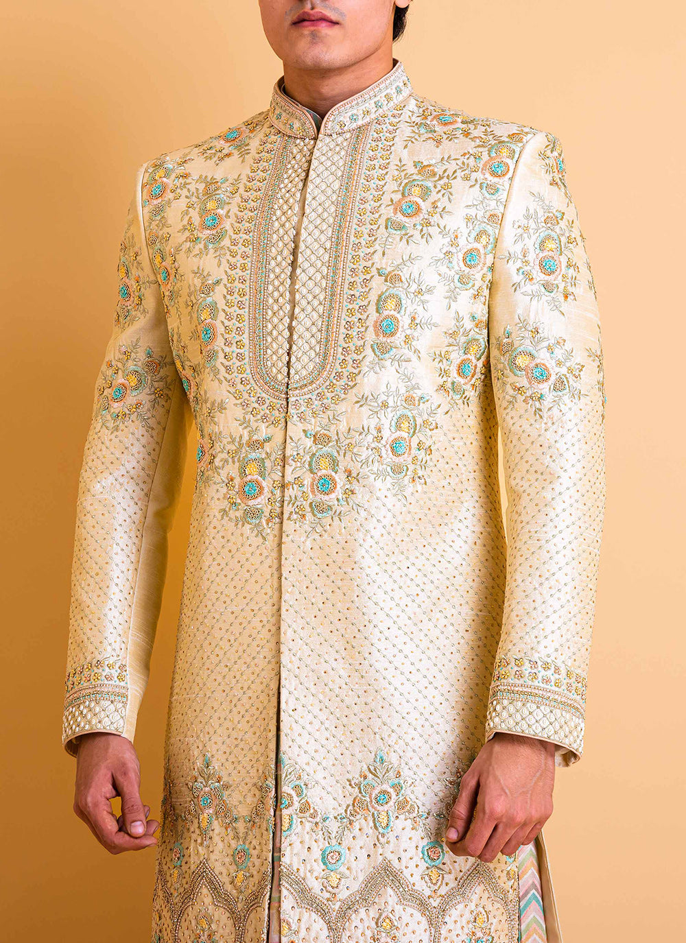 Golden Sherwani with Printed Anarkali Kurta