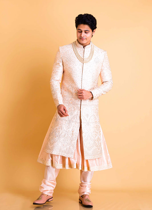 The Salmon-Pink Anarkali style Sherwani