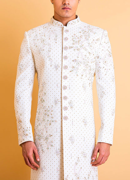 Pearl White Sherwani set in Lucknowi embroidery